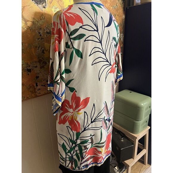 Flying Tomato Womens M/L Duster Kimono White Multi Hibiscus Print 3/4 Sleeves - Picture 5 of 9